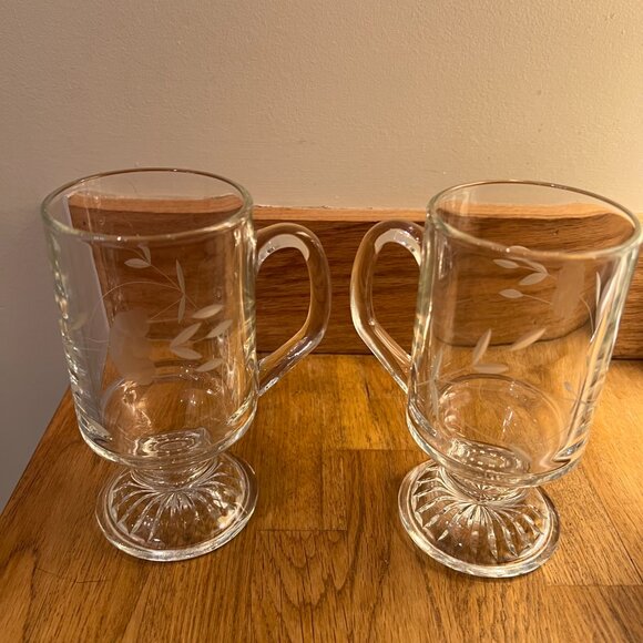 Princess House Mugs Etched Crystal Heritage Footed Pedestal Irish Coffee Set 2 - Picture 4 of 10